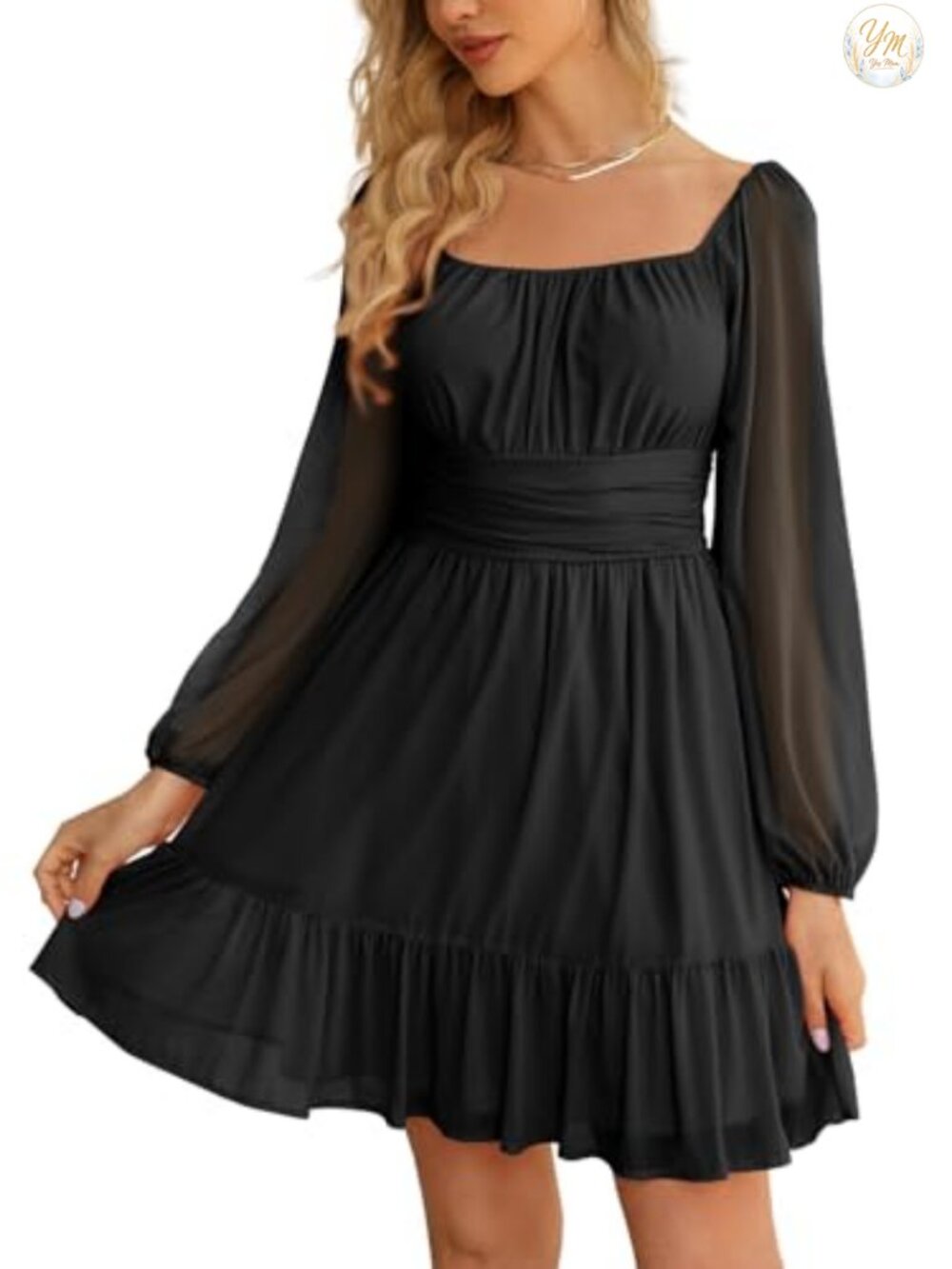 Mesh Long Sleeve Square Neck High Waist A Line Ruffle Hem Mini Dress